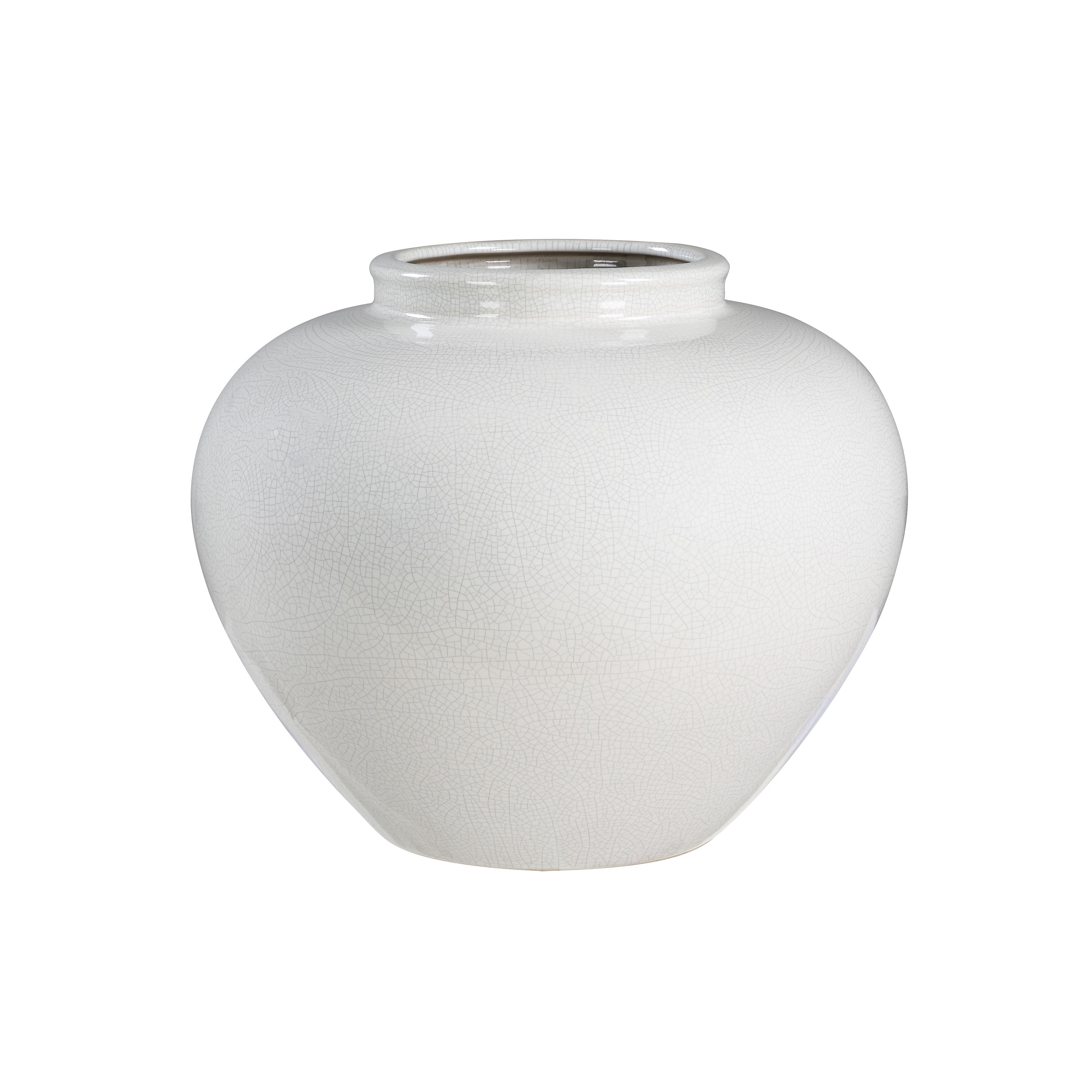 AILANI Small- A round milk-white ceramic vase with a crackle finish and a flared rim.